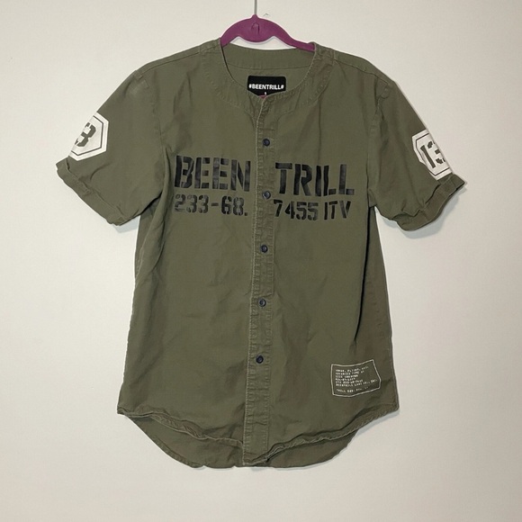 BEENTRILL Mens Baseball Jersey Sz S Been Trill Olive Green Waffle Virgil Abloh - Picture 1 of 3